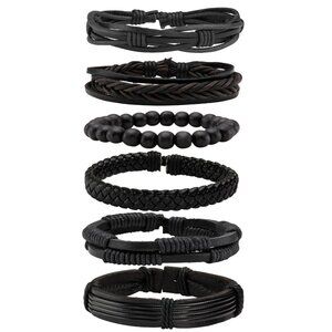 6-Piece Braided Leather Bracelet Set Adjustable Cuff Wristbands Unisex